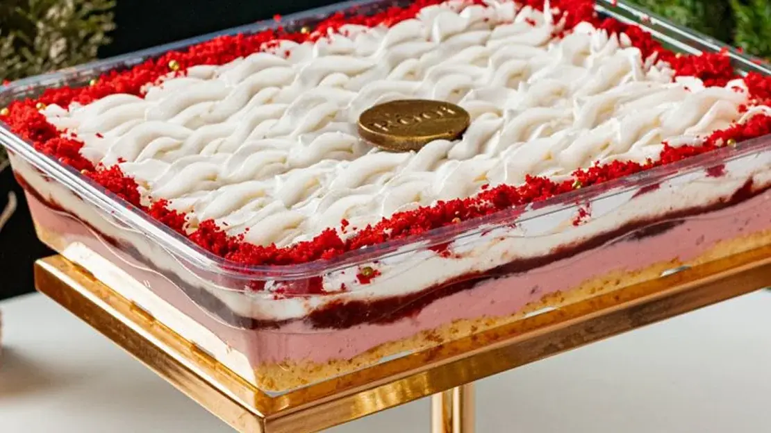 Sobremesa Danoninho da Rôof em travessa de vidro sobre pedestal dourado