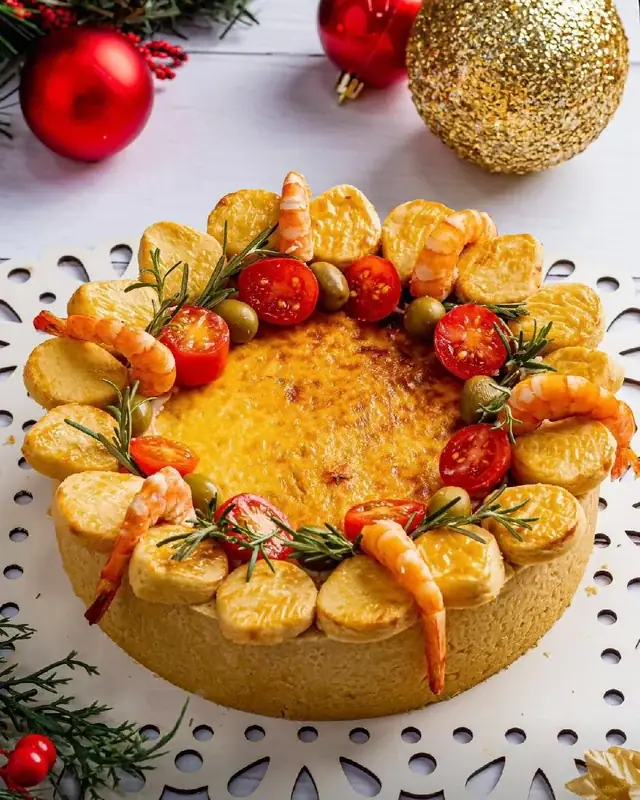 Quiche de camarão da Rôof decorada com camarões, tomates, azeitonas e alecrim